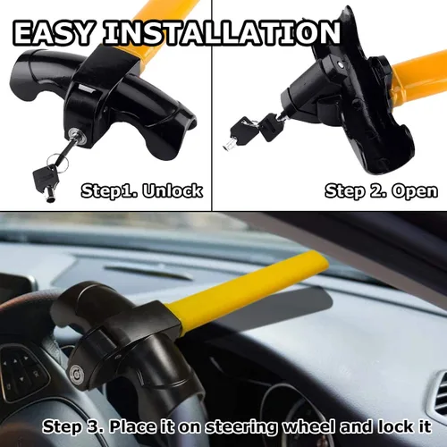 Miniatura 3 de VaygWay Cerradura universal para volante de automóvil, llave de cilindro antirrobo de bloqueo de rueda para automóvil, rotativo antirrobo
