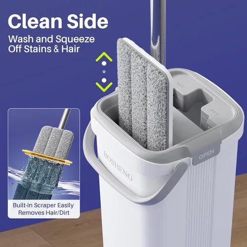 Miniatura 2 de BOSHENG Juego de trapeador y cubo, trapeadores planos para limpieza de pisos, trapeador de pared con mango extensible de 60 pulgadas, mopa de piso