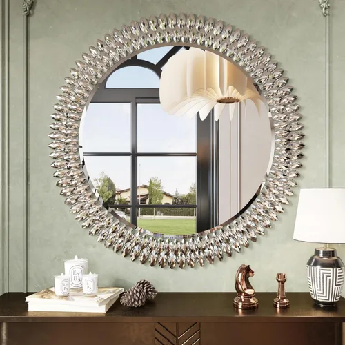 Miniatura 11 de Kelly Miller Espejo redondo con joyas para decoración de pared, espejo de pared decorativo moderno de 26 pulgadas con diamantes de lujo, espejo