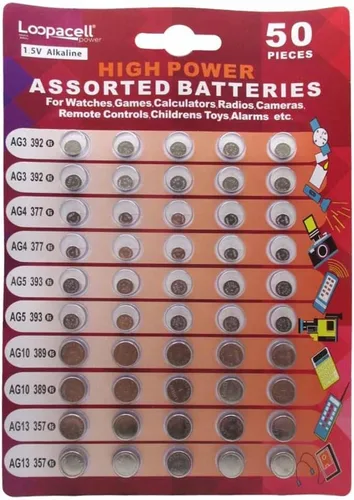 Loopacell Pila de Botón Súper Alcalina de Alta Potencia Surtida de 1.5V Batería AG3/LR41 AG4/LR626 AG5/LR754 AG10/LR1130 AG13/LR44, 50 Unidades