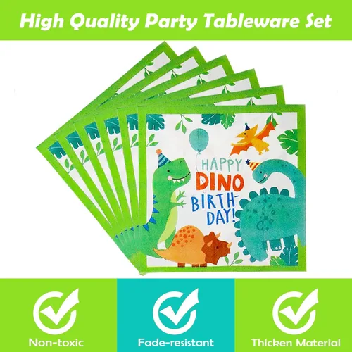 Miniatura 5 de 96 piezas de suministros de fiesta de dinosaurios, decoración de fiesta de cumpleaños con temática de dinosaurio, incluye platos, servilletas