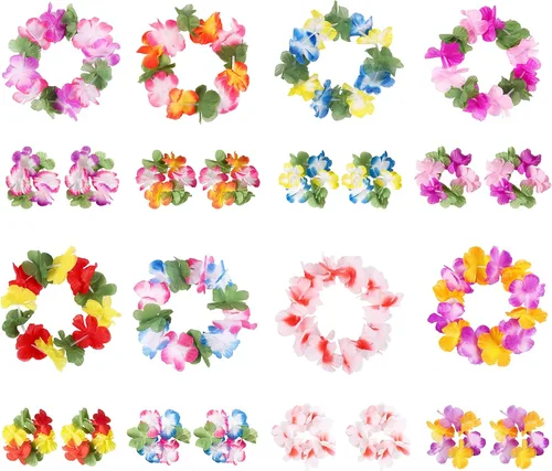 Miniatura 6 de jollylife 60 collares hawaianos de Luau Leis, pulseras, diademas tropicales de hibisco, flores tiki, suministros de fiesta de piscina de verano