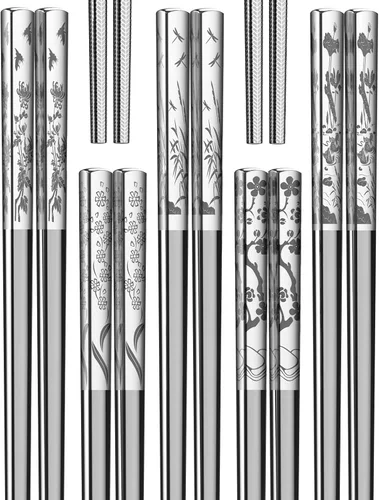 Miniatura 12 de FOFAYU Palillos de metal reutilizables, 5 pares de palillos de acero inoxidable multicolor, aptos para lavavajillas, cuadrados, ligeros