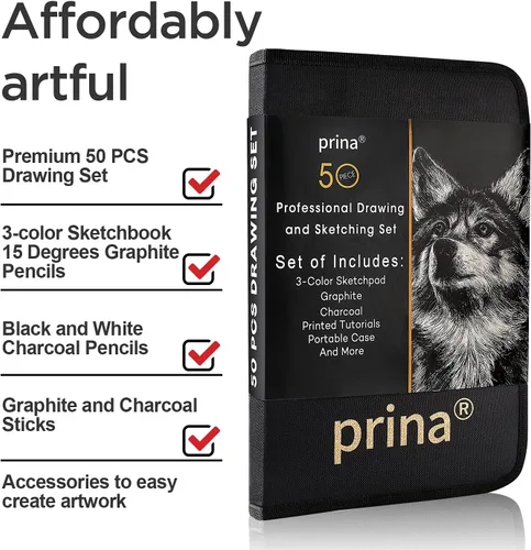 Miniatura 3 de Prina Paquete de 50 kits de dibujo para bocetos, suministros de boceto con cuaderno de bocetos de 3 colores, grafito y carbón, kit de dibujo