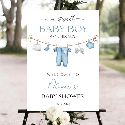 Miniatura 9 de Letrero de bienvenida personalizado para baby shower, lazo azul, niño, cinta de acuarela, minimalista, PVC, 18 x 12 pulgadas, tamaño completo