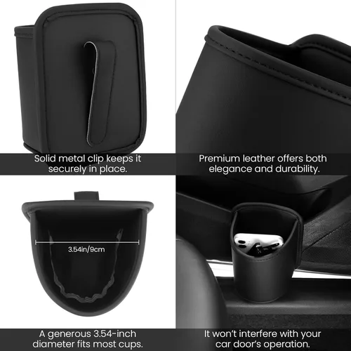 Miniatura 4 de Paquete de 2 portavasos con clip para la puerta del automóvil, organizador de asiento automotriz para bebidas extra, soporte para café, cuero