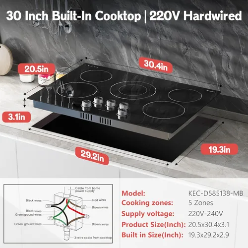Miniatura 8 de Placa de cocción eléctrica empotrable de 30 pulgadas Karienvir, placa de cocción de 5 quemadores de 8500W, perilla antideslizante y control táctil