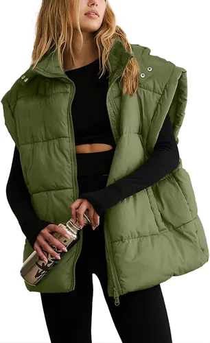 Miniatura 15 de Shiyifa Chaleco acolchado para mujer, chaqueta de gran tamaño, sin mangas, ligera, con cremallera, con capucha desmontable