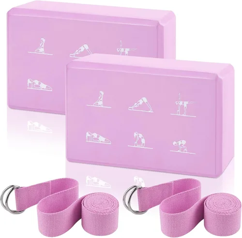 Juego de 2 bloques de yoga y 2 correas de yoga, bloques de espuma EVA antideslizantes, ladrillos de yoga de alta densidad con correa de 6 pies, Rosa