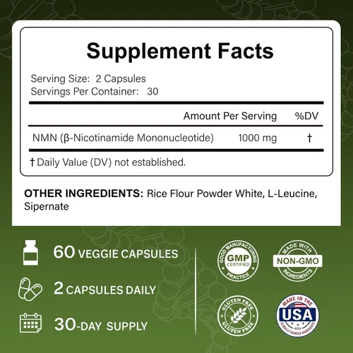 Miniatura 5 de Suplementos NMN de 1000 mg – 99.9% de pureza probada – Precursor NAD+ – Sin OMG – 60 cápsulas veganas