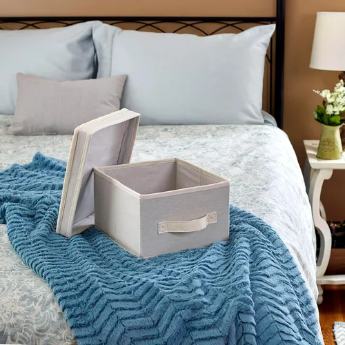 Miniatura 2 de Household Essentials 111 Caja de almacenamiento con tapa y asa, lona beige natural, tamaño mediano, ribete natural