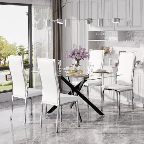 Miniatura 38 de Juego de mesa de comedor de cristal dorado moderno de 63 pulgadas para 6, juego de mesa de cocina rectangular de 7 piezas con patas de acero Negro