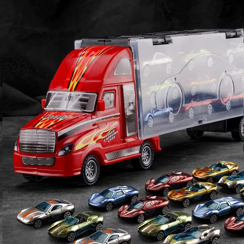BoomCaCa - Juego de transporte de camiones de juguete con 18 autos deportivos en juguetes de camiones, juguetes para niños y niñas de 3 a 10 años de
