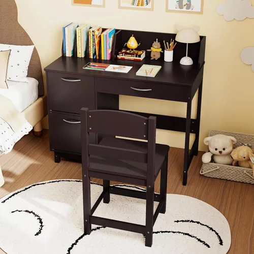 Miniatura 2 de Costzon Juego de escritorio y silla para niños, escritorio de estudio de madera para estudiantes con aparador, cajón de almacenamiento y gabinetes