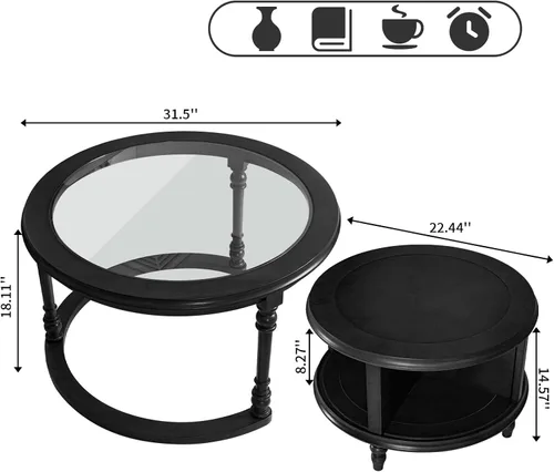 Miniatura 2 de LKTART Mesa auxiliar anidable para sala de estar, mesas de centro redondas de madera maciza de vidrio templado con almacenamiento, mesa central
