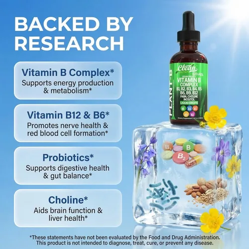 Miniatura 3 de Gotas Líquidas de Complejo de Vitamina B Tiamina B1, B6, B2, B3, B4, B5, B7 B9, B12, Niacinamida, Paba, Colina Inositol Taurina Probióticos Raíz