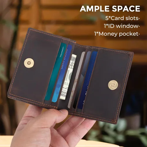 Miniatura 20 de Bolsillo frontal con bloqueo RFID, minimalista, delgado, de cuero, plegable, para tarjeta de crédito, con ventana de identificación