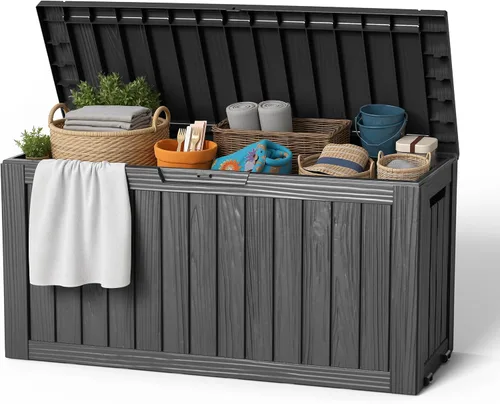Miniatura 18 de EasyUp Caja de almacenamiento al aire libre de 30 galones, caja de resina para muebles, herramientas de jardín, cajas de almacenamiento exteriores