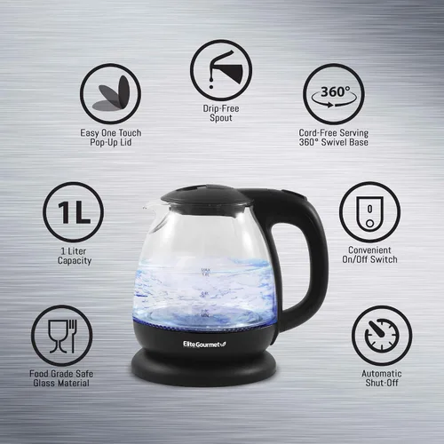 Miniatura 7 de Proctor Silex Tostadora de 4 rebanadas con ranuras extra anchas, color negro (24215PS) y Elite Gourmet EKT1001 hervidor eléctrico de vidrio sin BPA