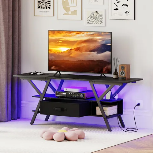 Miniatura 10 de Giantex Soporte de TV con tomas de corriente para TV de 55 a 65 pulgadas, centro de entretenimiento de 3 niveles con luces LED y control remoto
