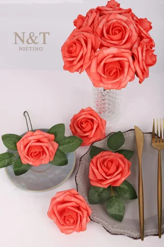 Miniatura 3 de N&T NIETING Flores artificiales, 25 rosas falsas de espuma de coral de aspecto real con tallos para ramos de boda, centros de mesa de despedida