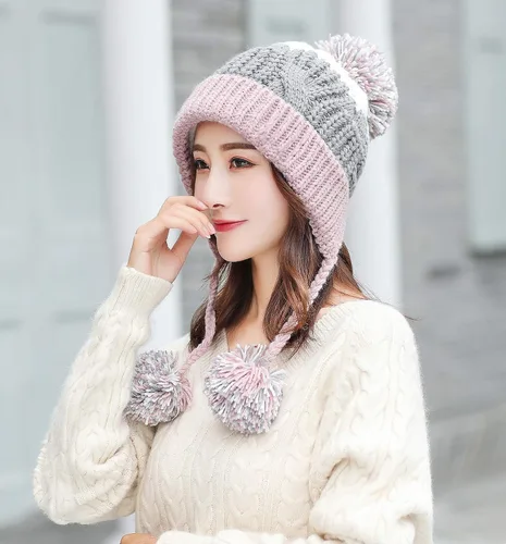 Miniatura 5 de HUAMULAN - Gorro de invierno para mujer estilo peruano con forro polar, solapas para orejas, doble capa, con pompones