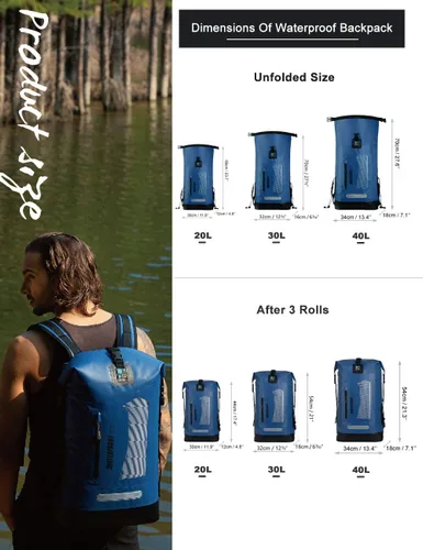 Miniatura 4 de IDRYBAG Mochila impermeable para hombres 20L/30L/40L, bolsa seca flotante para kayak, mochila seca para senderismo Azul