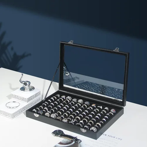 Miniatura 4 de Coward Joyero organizador de anillos, caja de terciopelo negro con 100 ranuras para anillo, bandeja de exhibición con tapa de vidrio transparente