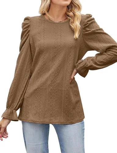 Miniatura 3 de WIHOLL Puff Sleeve Tops for Women Crewneck Eyelet Tunic Shirts Fall Clothes