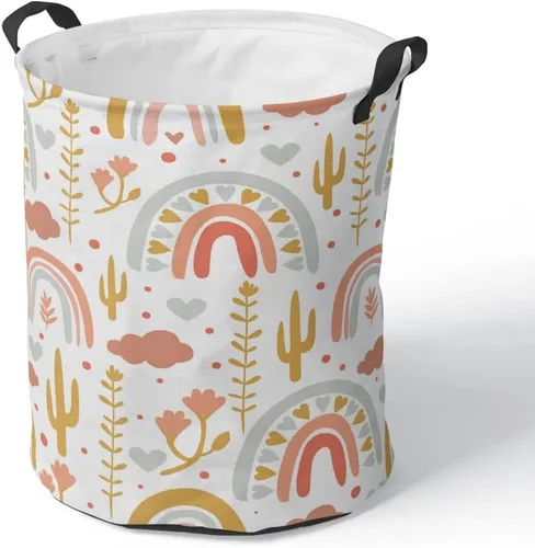 Miniatura 8 de Cesta de baño redonda de mediados de siglo, estilo bohemio, plegable, con asas, moderna, abstracta, con asas, impermeable, independiente