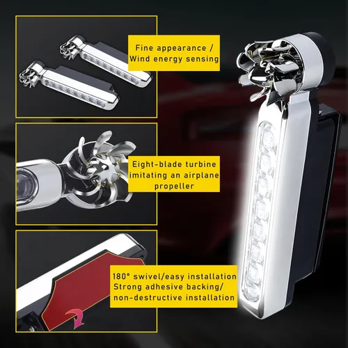 Miniatura 3 de Dickno 2 piezas de luces para vehículos con energía eólica, 8 LED impermeables para automóvil, luz diurna con energía eólica, luces LED diurnas
