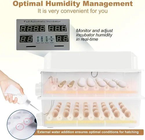 Miniatura 6 de Incubadora inteligente de 120 huevos, control de temperatura y humedad, pantalla LED, vela integrada, llenado de agua externo y potencia dual