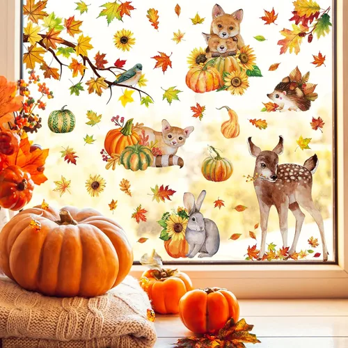 Miniatura 3 de 68 calcomanías de otoño para ventana, de doble cara, hojas de arce de otoño, calabaza, calcomanías para ventana, calcomanías para el hogar, oficina