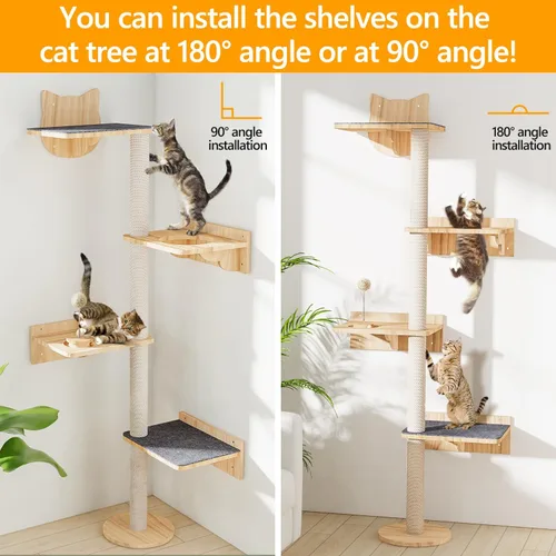 Miniatura 5 de Árbol para gatos montado en la pared con 2 alfombras antideslizantes, poste rascador de sisal de 63 pulgadas de alto y estantes para gatos con bola