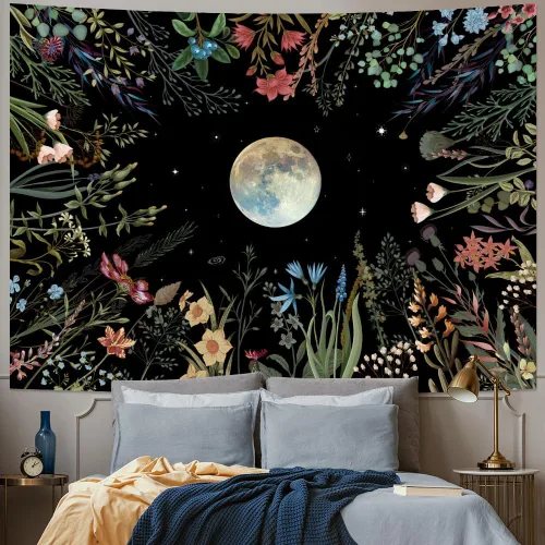 Amhokhui Tapiz de jardín iluminado por la luna, tapiz bohemio de luna, tapiz floral de flores, tapices de plantas coloridas, tapices negros para