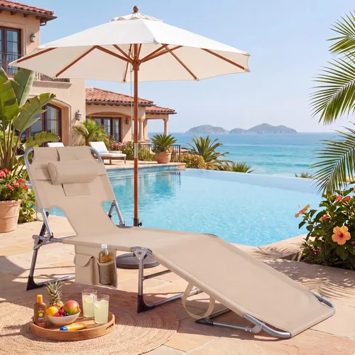 Miniatura 4 de Goplus Silla bronceadora, silla de playa plegable con agujero para cara y brazo, posición ajustable, almohada extraíble, bolsillo lateral, silla