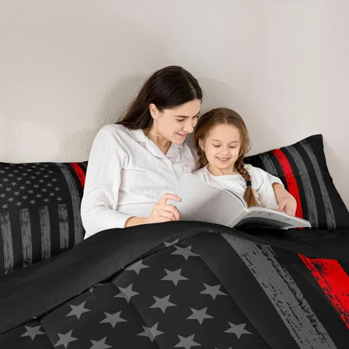 Miniatura 5 de Erosebridal - Juego de edredón con bandera americana tamaño king, juego de ropa de cama negro gris rojo con líneas de bandera, ropa de cama