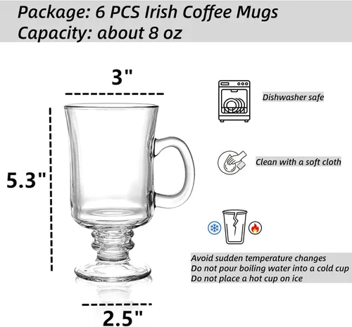 Miniatura 2 de Dicunoy Paquete de 6 tazas de café irlandés, tazas de café transparente de 8 onzas, taza de café de cristal con pedestal con asa para capuchino