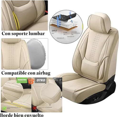 Miniatura 3 de Juego completo de fundas de asiento de automóvil, fundas de asiento de cuero beige, protectores transpirables para asientos delanteros y traseros