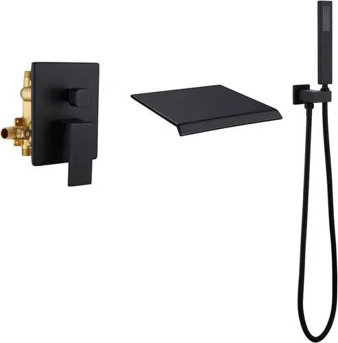 Miniatura 10 de Taplong Grifo de bañera de montaje en pared con boquilla de cascada, juego de grifo de bañera montado en la pared con rociador de mano dorado