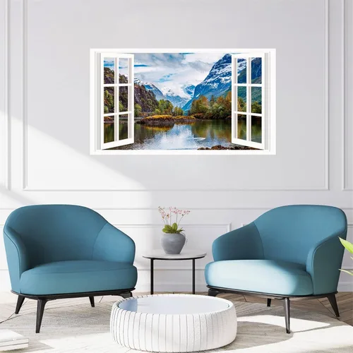 Miniatura 6 de Calcomanías de pared de paisaje, 3D, montaña, bosque, lago, calcomanías de pared extraíbles para ventana falsa, despegar y pegar, calcomanías