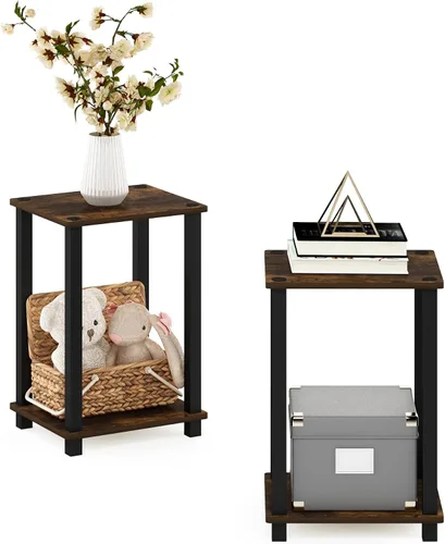 Miniatura 16 de Furinno Simplistic Mesita lateral auxiliar y de noche de 1 nivel con postes de plástico, pino ámbar/negro