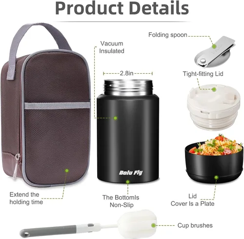 Miniatura 7 de Contenedor de alimentos aislado de 18 onzas con cuchara y bolsa aislada, termo de sopa para alimentos calientes, retención de calor de 10 horas