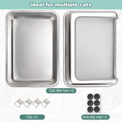 Miniatura 6 de Cajas de arena de acero inoxidable XL para gatos con tapa de metal, bandeja de arena extragrande de 20 x 14 x 12 pulgadas con recinto de pared alta