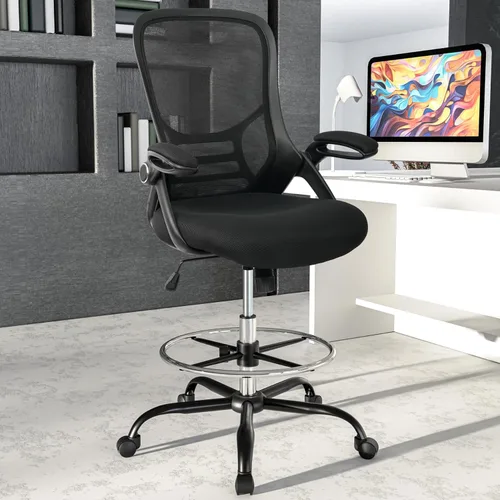 Miniatura 2 de HYLONE Silla de Dibujo Técnico Silla de Oficina Alta Respaldo Alto Taburete de Escritorio de Pie de Malla con Reposapiés Anillo Ajustable y Brazos