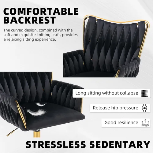 Miniatura 4 de Westice Silla de escritorio de terciopelo, cómoda silla dorada para oficina en casa con respaldo alto tejido a mano, silla giratoria de altura Negro