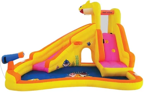 Miniatura 6 de Funormous Baby Shark - Casa de rebote con tobogán húmedo o seco, tobogán acuático inflable Pink Fong, diversión de tobogán acuático curvo