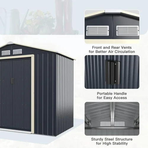 Miniatura 3 de Giantex Cobertizo de almacenamiento para exteriores con doble puerta corrediza, almacenamiento de jardín de metal galvanizado, ventilación delantera