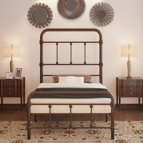 Miniatura 4 de Marco para cama individual, estilo vintage, granja, 49 pulgadas de alto, de hierro, base de colchón con plataforma, no necesita somier