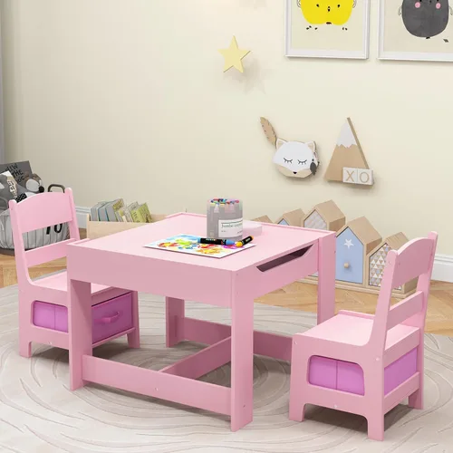 Costzon Juego de mesa y silla para niños, mesa de actividades de madera 3 en 1 para niños pequeños artes, manualidades, dibujo, lectura, sala de Rosa